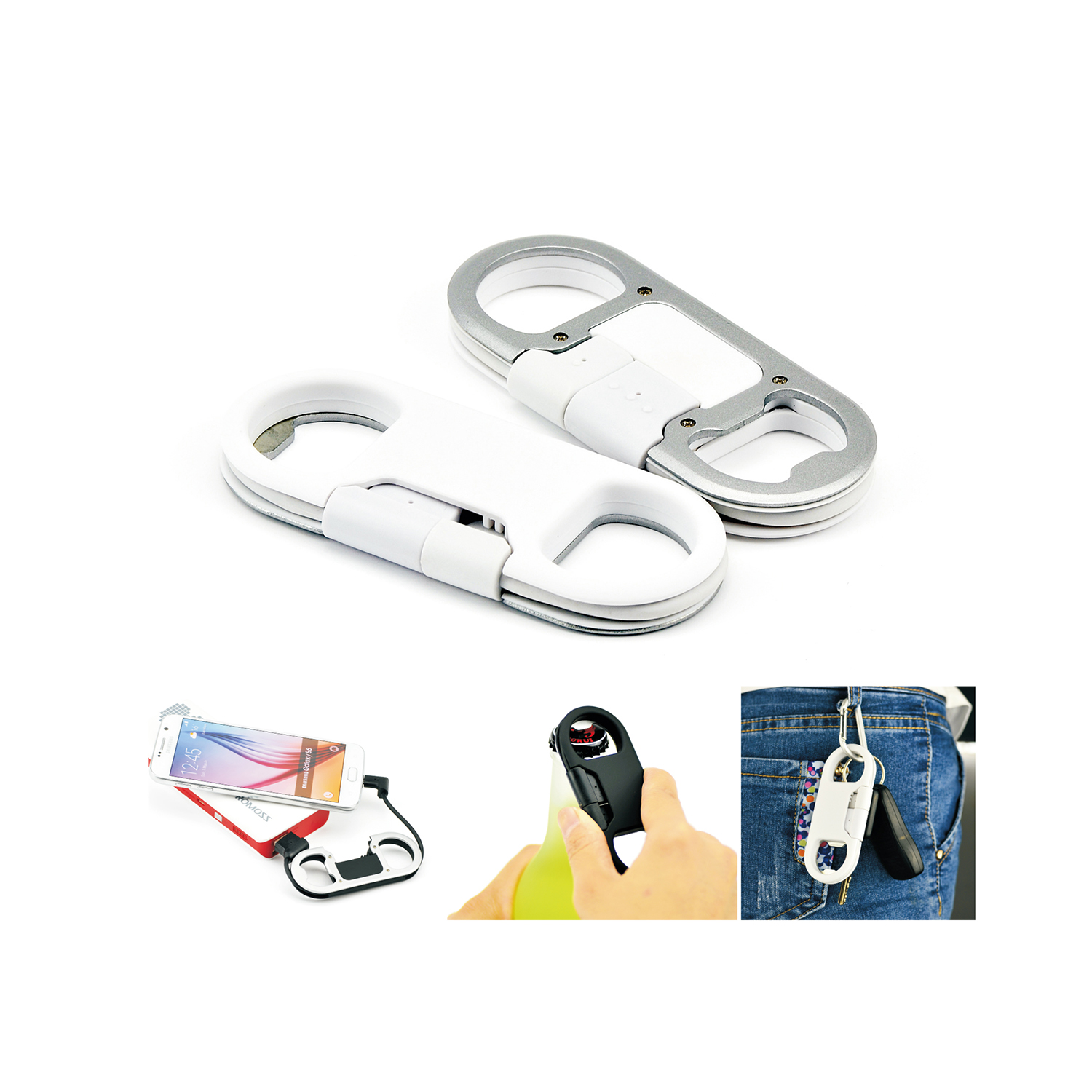 Bottle opener with USB charging cable