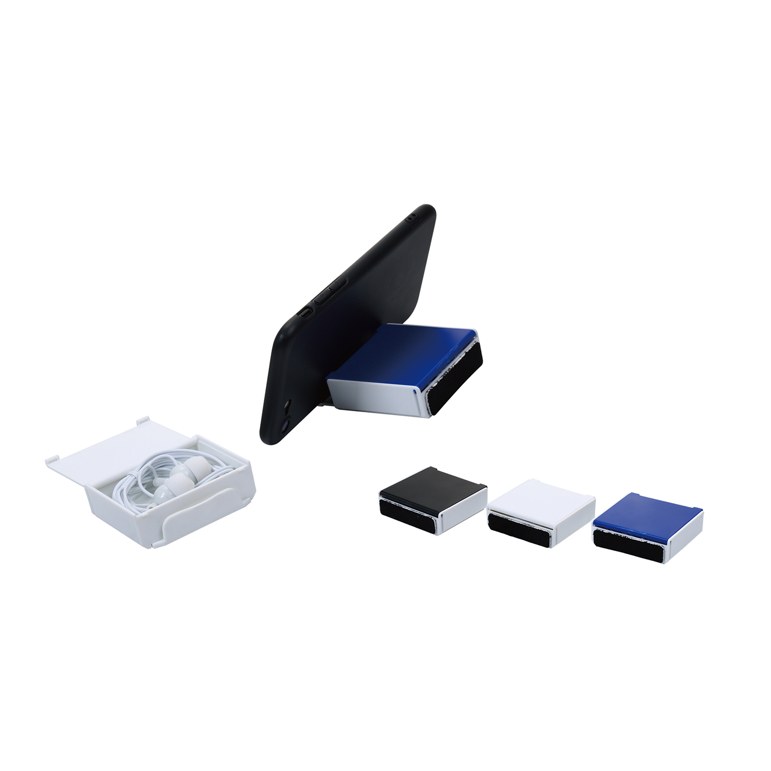 Mobile Holder with Earbuds and Screen Cleaner