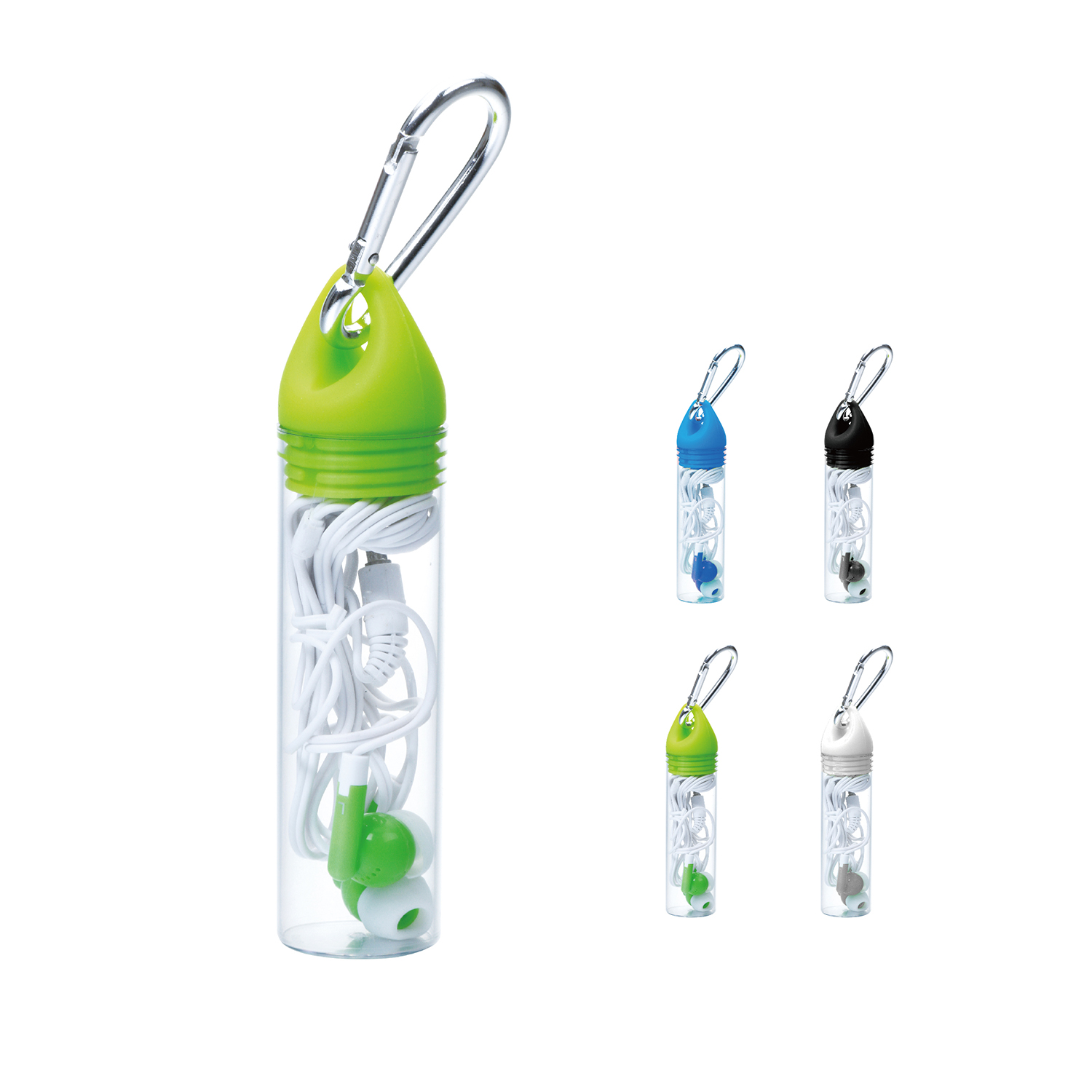 Earbuds in Transparent Tube with Carabiner